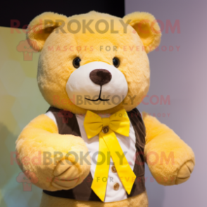 Yellow Teddy Bear mascot costume character dressed with a Vest and Bow ties