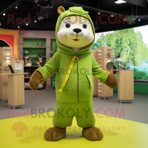 Lime Green Otter mascot costume character dressed with a Hoodie and Belts