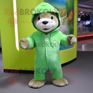 Lime Green Otter mascot costume character dressed with a Hoodie and Belts