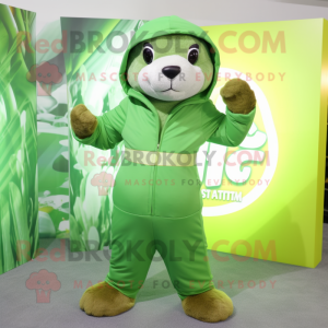 Lime Green Otter mascot costume character dressed with a Hoodie and Belts