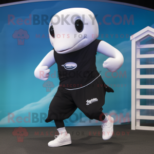 Black Beluga Whale mascot costume character dressed with a Running Shorts and Bracelets