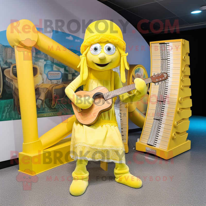 Lemon Yellow Celtic Harp mascot costume character dressed with a Playsuit and Berets Lemon Yellow Celtic Harp mascot costume character dressed with a Playsuit and Berets