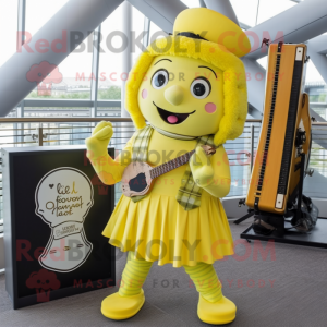 Lemon Yellow Celtic Harp mascot costume character dressed with a Playsuit and Berets