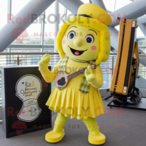 Lemon Yellow Celtic Harp mascot costume character dressed with a Playsuit and Berets