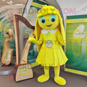 Lemon Yellow Celtic Harp mascot costume character dressed with a Playsuit and Berets