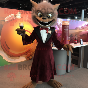 Brown Vampire mascot costume character dressed with a Cocktail Dress and Lapel pins