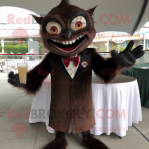 Brown Vampire mascot costume character dressed with a Cocktail Dress and Lapel pins