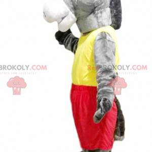 Mascote burro cinza com roupa esportiva amarela e vermelha -