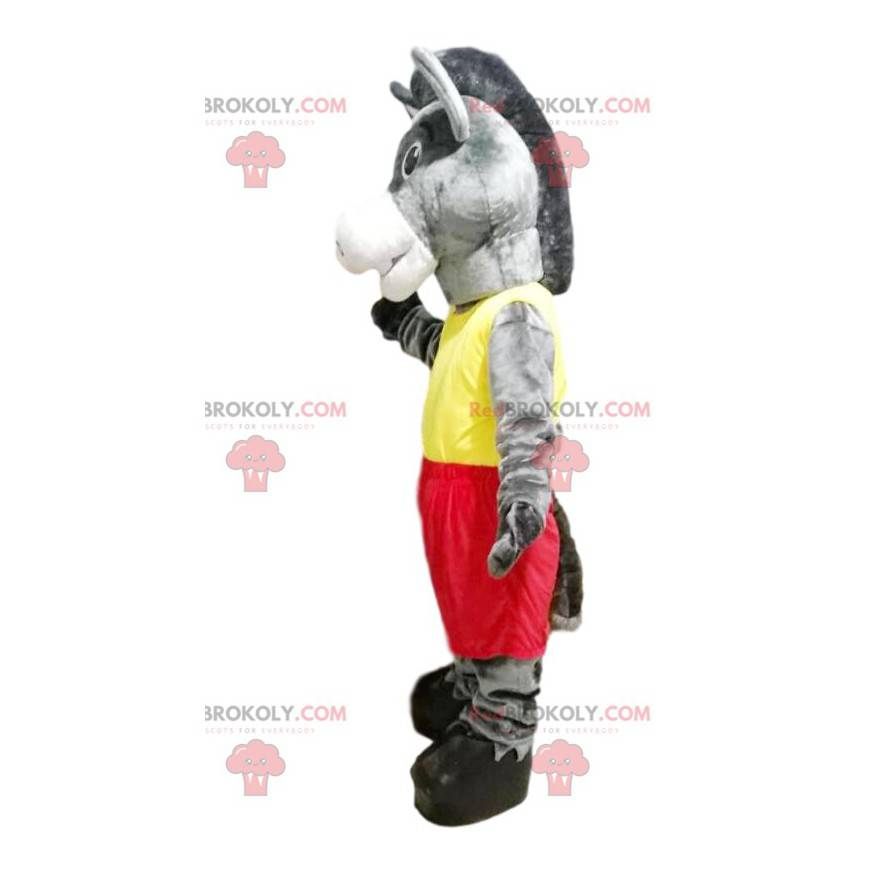 Mascota de burro gris con ropa deportiva amarilla y roja -
