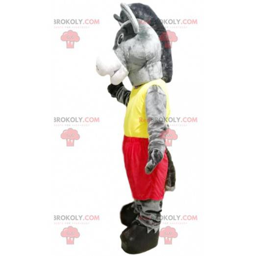 Mascotte d'âne gris avec une tenue de sport jaune et rouge -