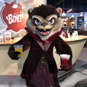Brown Vampire mascot costume character dressed with a Cocktail Dress and Lapel pins