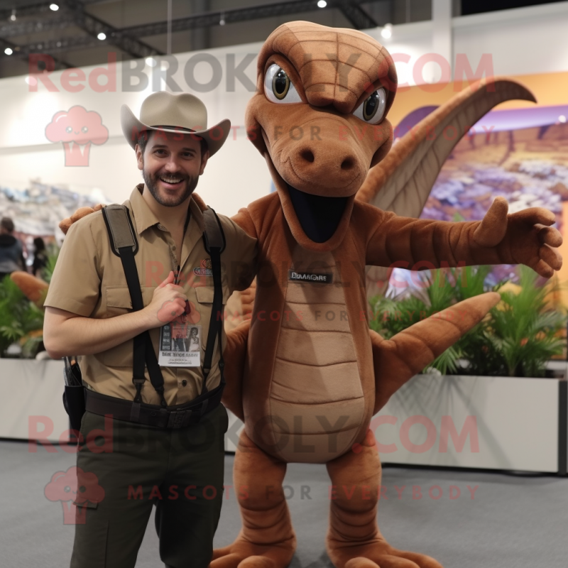 Brown Dimorphodon mascot costume character dressed with a Jumpsuit and Suspenders Brown Dimorphodon mascot costume character dressed with a Jumpsuit and Suspenders