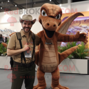 Brown Dimorphodon mascot costume character dressed with a Jumpsuit and Suspenders