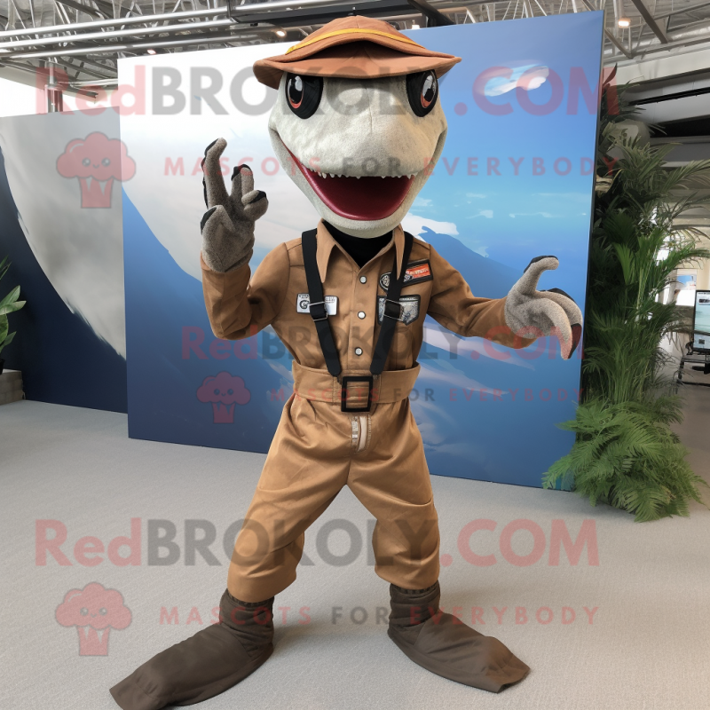 Brown Dimorphodon mascot costume character dressed with a Jumpsuit and Suspenders Brown Dimorphodon mascot costume character dressed with a Jumpsuit and Suspenders
