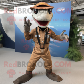 Brown Dimorphodon mascot costume character dressed with a Jumpsuit and Suspenders