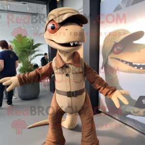Brown Dimorphodon mascot costume character dressed with a Jumpsuit and Suspenders