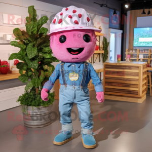 Pink Raspberry mascot costume character dressed with a Chambray Shirt and Headbands