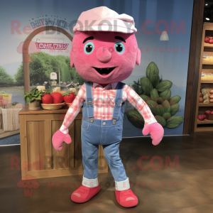 Pink Raspberry mascot costume character dressed with a Chambray Shirt and Headbands