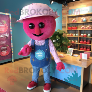 Pink Raspberry mascot costume character dressed with a Chambray Shirt and Headbands