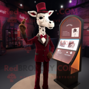 Maroon Giraffe mascot costume character dressed with a Tuxedo and Headbands