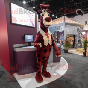 Maroon Giraffe mascot costume character dressed with a Tuxedo and Headbands