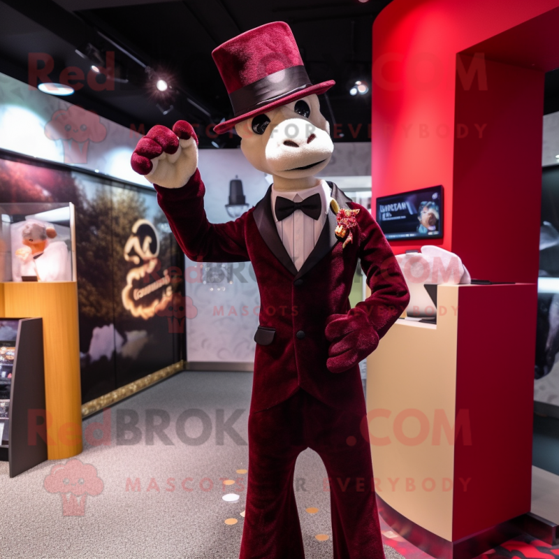 Maroon Giraffe mascot costume character dressed with a Tuxedo and Headbands Maroon Giraffe mascot costume character dressed with a Tuxedo and Headbands