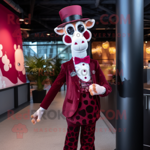 Maroon Giraffe mascot costume character dressed with a Tuxedo and Headbands