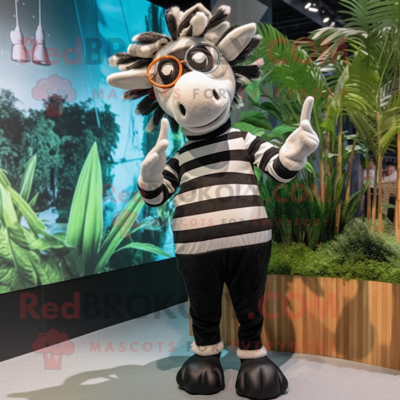 Black Zebra mascot costume character dressed with a Culottes and Eyeglasses
