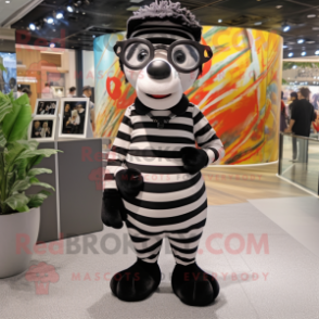 Black Zebra mascot costume character dressed with a Culottes and Eyeglasses