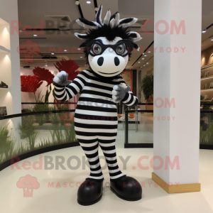 Black Zebra mascot costume character dressed with a Culottes and Eyeglasses