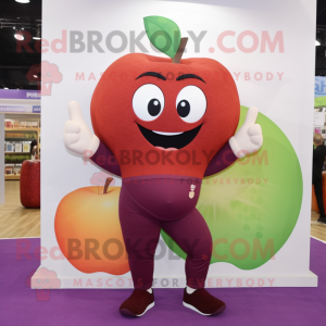 Maroon Apple mascot costume character dressed with a Yoga Pants and Ties