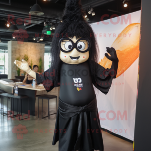 Black Pad Thai mascot costume character dressed with a Graphic Tee and Eyeglasses