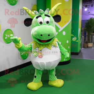 Lime Green Cow mascot costume character dressed with a Poplin Shirt and Rings