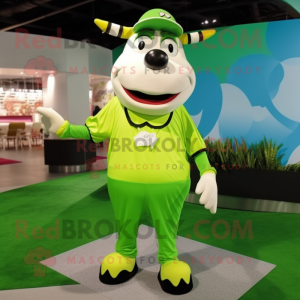 Lime Green Cow mascot costume character dressed with a Poplin Shirt and Rings