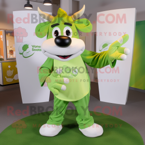 Lime Green Cow mascot costume character dressed with a Poplin Shirt and Rings