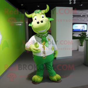 Lime Green Cow mascot costume character dressed with a Poplin Shirt and Rings