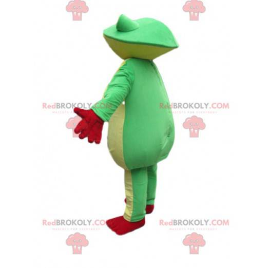 groene en gele kikker mascotte met grote rode ogen! -