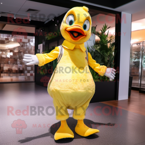 Yellow Gosling mascot costume character dressed with a Romper and Gloves