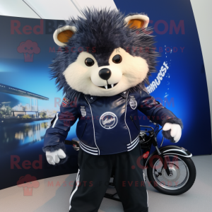 Navy Porcupine mascot costume character dressed with a Biker Jacket and Backpacks