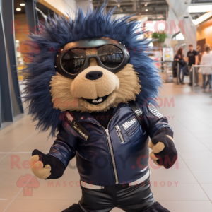Navy Porcupine mascot costume character dressed with a Biker Jacket and Backpacks