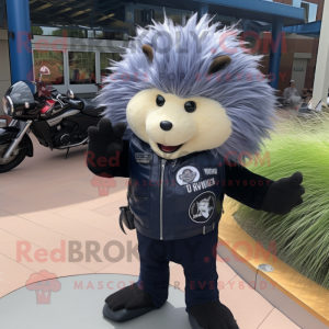 Navy Porcupine mascot costume character dressed with a Biker Jacket and Backpacks