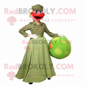 Peach Green Beret mascot costume character dressed with a Ball Gown and Shoe clips