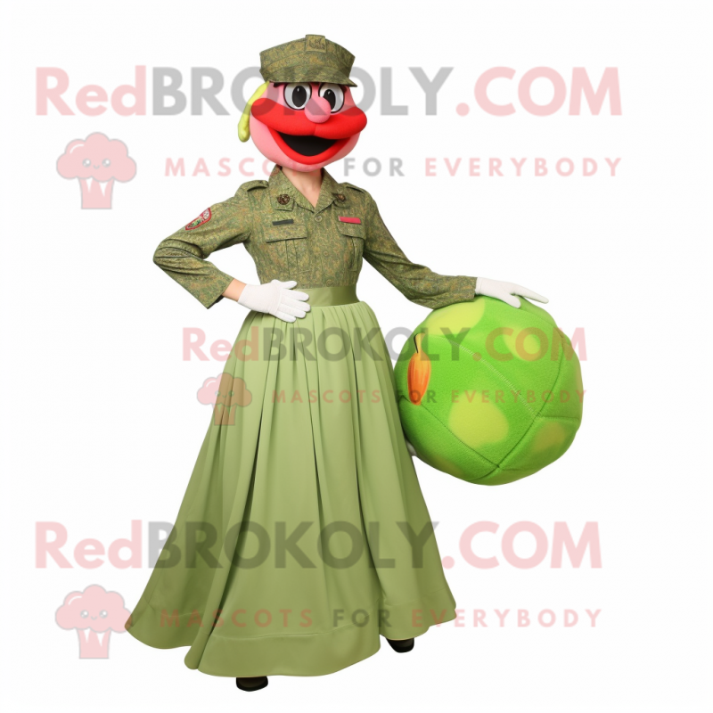 Peach Green Beret mascot costume character dressed with a Ball Gown and Shoe clips Peach Green Beret mascot costume character dressed with a Ball Gown and Shoe clips