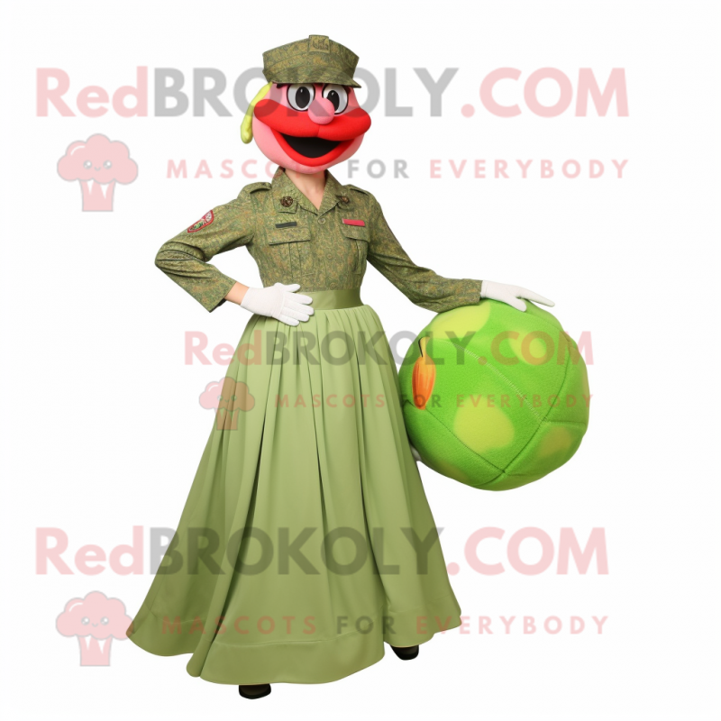 Peach Green Beret mascot costume character dressed with a Ball Gown and Shoe clips