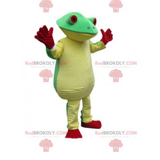groene en gele kikker mascotte met grote rode ogen! -