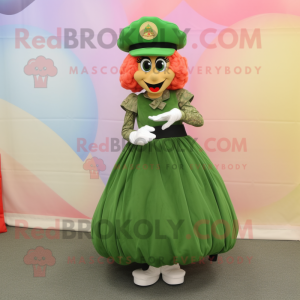 Peach Green Beret mascot costume character dressed with a Ball Gown and Shoe clips