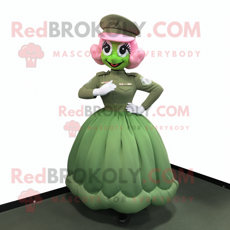 Peach Green Beret mascot costume character dressed with a Ball Gown and Shoe clips