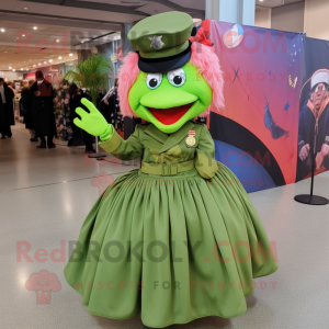 Peach Green Beret mascot costume character dressed with a Ball Gown and Shoe clips