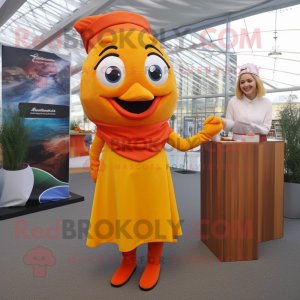 Orange Fish And Chips mascot costume character dressed with a Pencil Skirt and Scarves