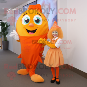 Orange Fish And Chips mascot costume character dressed with a Pencil Skirt and Scarves